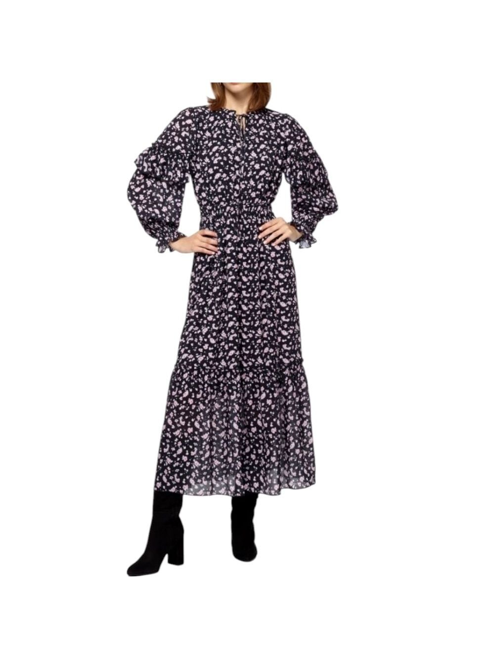 Stellah Floral Print Neck Tie Ruffle Midi Dress